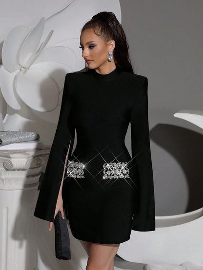 Modphy Black Women's Diamond Cloak Sleeve Design Bandage Mini Dress Long Sleeve Elegant Fashion Birthday Party Wedding Guest