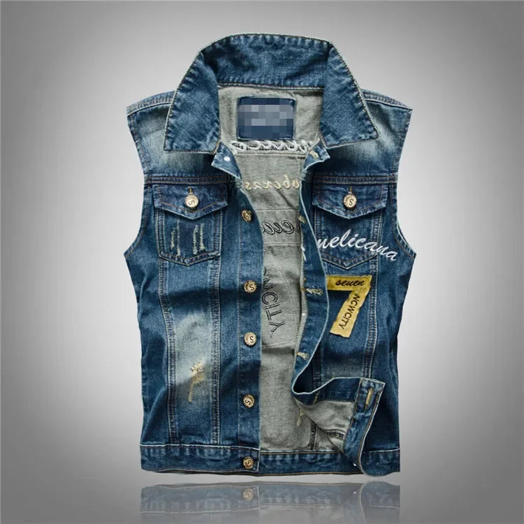 Men Slim Denim Vests Waistcoats Jackets Fashion Male Blue Fit Denim Coats Vests Large Size Punk Style Holes Jeans Vest Size 6XL