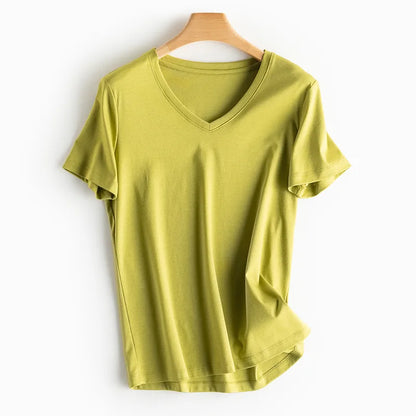 SuyaDream Women Solid T shirts, Silk Cotton Blend, O Neck, Short Sleeved Solid Tee,2026 Summer Candy Colors Basic Cozy Top Green