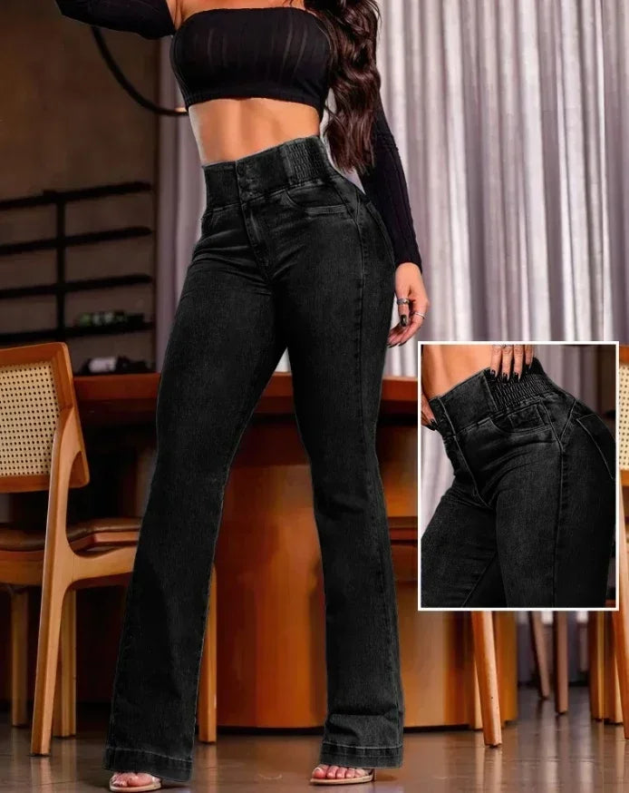 ALLUKASA 2026 autumn winter  Elegant High Waist Button Front Casual Female Jeans Sexy  Fashion Back Shirred Trouser Bottom