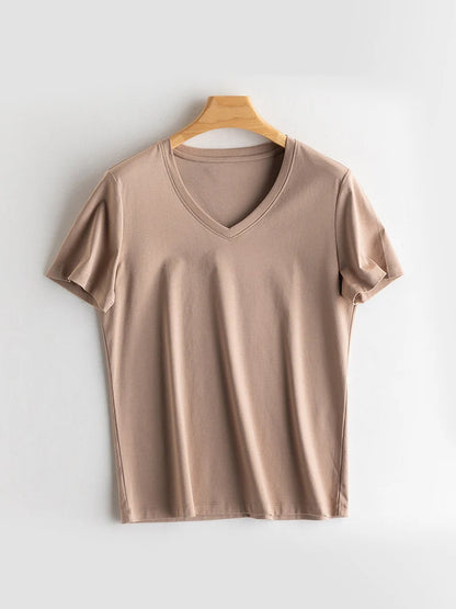 SuyaDream Women Solid T shirts, Silk Cotton Blend, O Neck, Short Sleeved Solid Tee,2026 Summer Candy Colors Basic Cozy Top Green