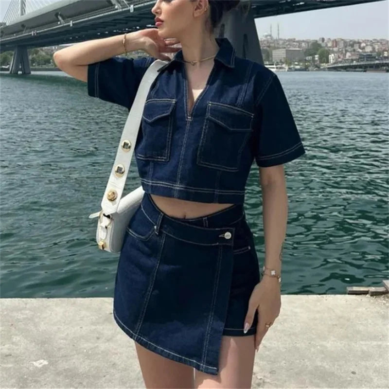 Blue Denim Shirt Woman Short Sleeve Cropped Shirt Women Summer Short Tops Woman Streetwear Y2k Stylish Women's Blouses
