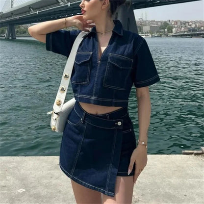 Blue Denim Shirt Woman Short Sleeve Cropped Shirt Women Summer Short Tops Woman Streetwear Y2k Stylish Women's Blouses