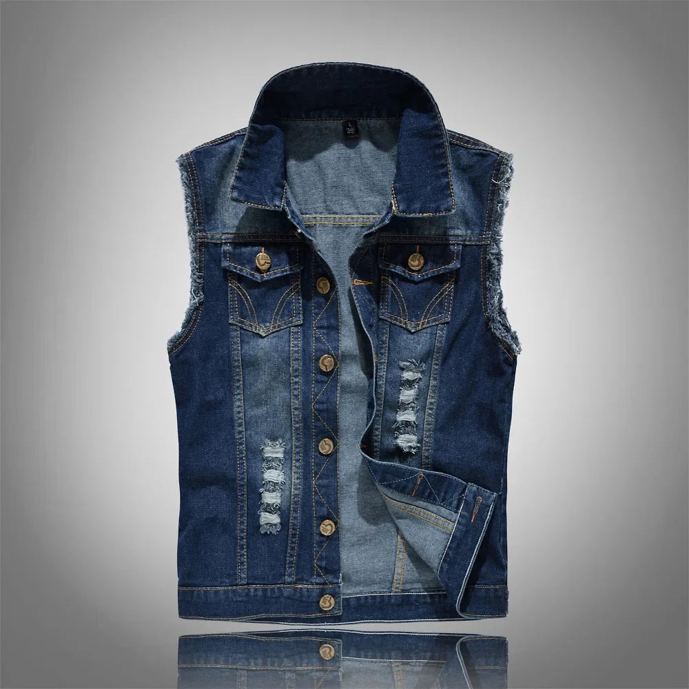Men Denim Vests Jackets Waistcoats Light Blue Ripped Denim Coats Vests New Fashion Male Cotton Slim Black Jeans Waistcoats 6XL