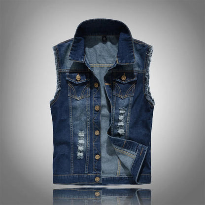 Men Denim Vests Jackets Waistcoats Light Blue Ripped Denim Coats Vests New Fashion Male Cotton Slim Black Jeans Waistcoats 6XL