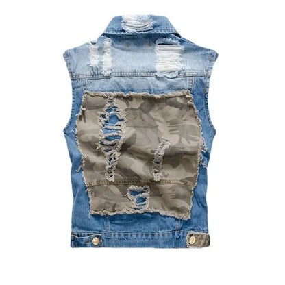 Men Slim Denim Vests Jackets Waistcoats Fashion Male Fit Blue Denim Coats Vests Street Wear Holes Jeans Vest Large Size Size 5XL