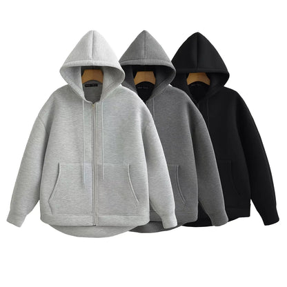 HH 2026 Casual Women's Soild Zipper Hoodie Long Sleeve Big Pocket Zipper Jacket With Hood Female Loose Outerwear Coat Tops