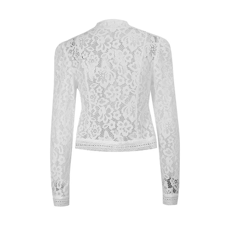 Women's Lace Printed Shirts Tops Spring New Full Sleeve Hollow Out Single Breasted Patchwork Blouse Female Fashion Shrug Shirts