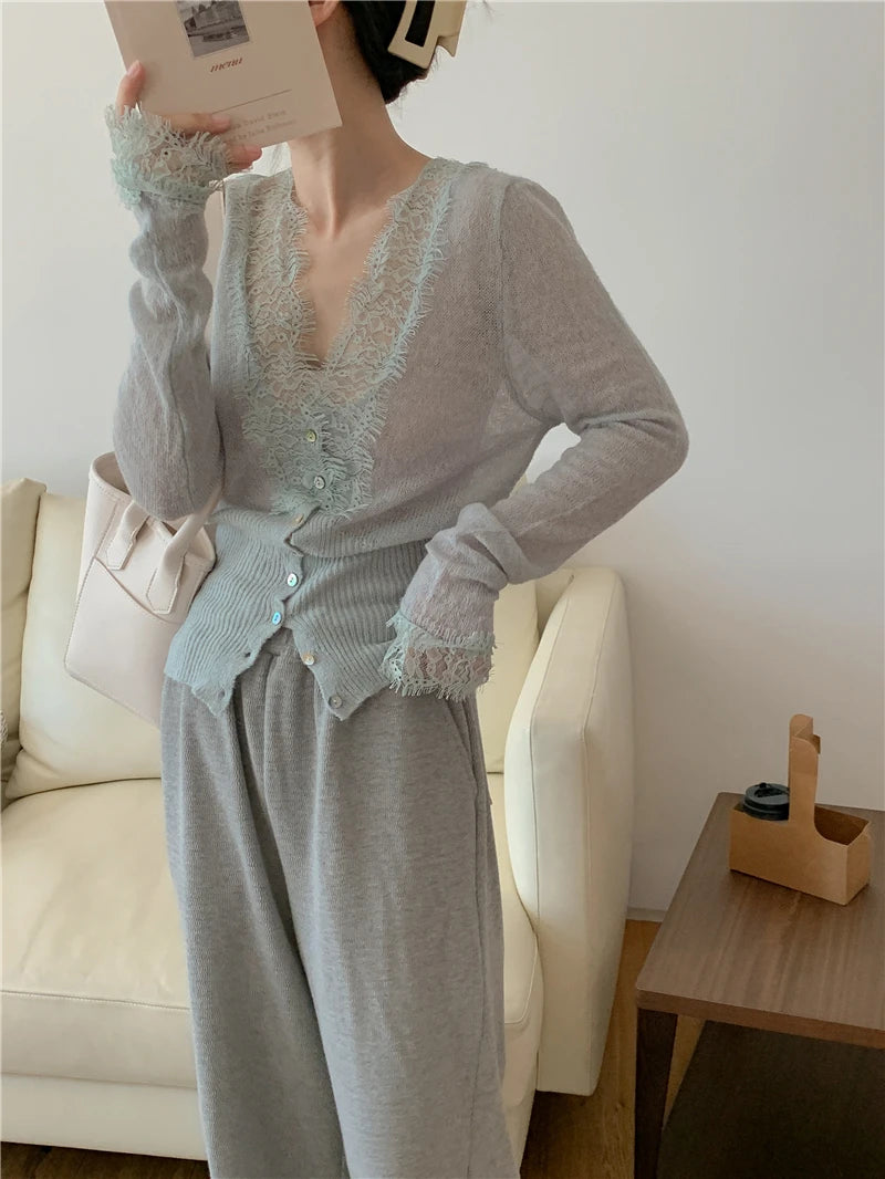 Seoulish Vintage Lace Knitted Cardigans for Women 2026 New Autumn Winter Solid Casual Slim Korean Style Ladies Tops Female
