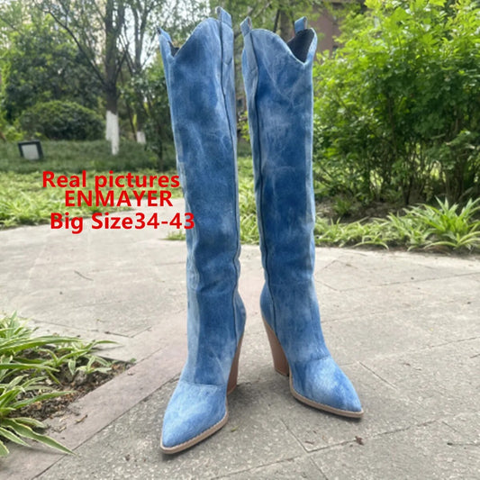 ENMAYER Cowboy Women Knee High Boots High Quality  Motorcycle Boots Thick Heels Autumn Winter Fashion Casual Shoes Woman BigSize