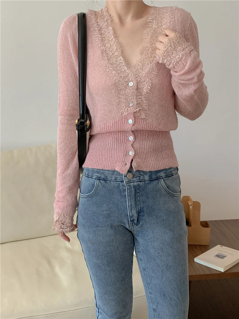 Seoulish Vintage Lace Knitted Cardigans for Women 2026 New Autumn Winter Solid Casual Slim Korean Style Ladies Tops Female