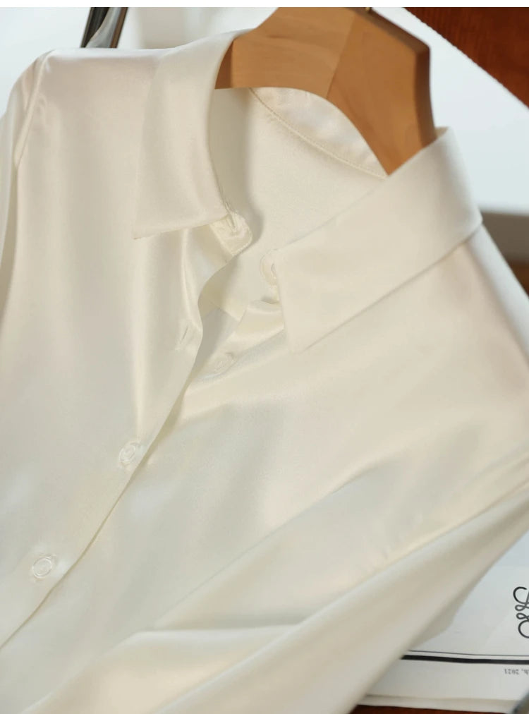 Spring Autumn Elegant Satin Women's Blouse 2026 New Long Sleeve Turn-down Collar Korean Casual Loose Office Lady Shirts Female