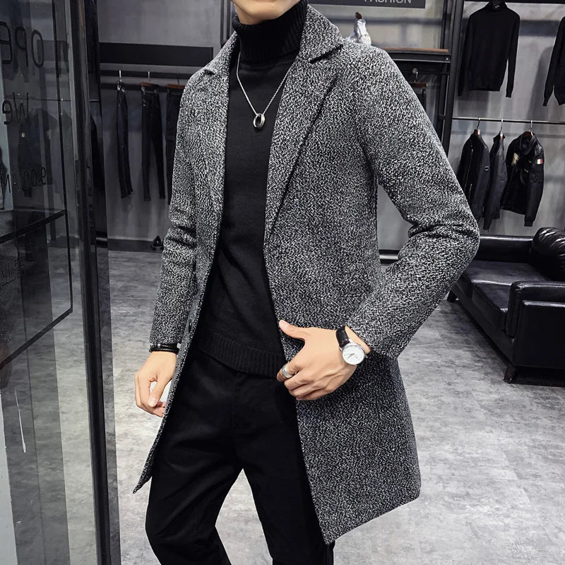 Men Winter Trench Coats Long Jackets Men Slim Fit Casual Wool Blends Business Casual Trench Thicker Warm Long Coats Size 5XL