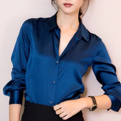 Spring Autumn Elegant Satin Women's Blouse 2026 New Long Sleeve Turn-down Collar Korean Casual Loose Office Lady Shirts Female