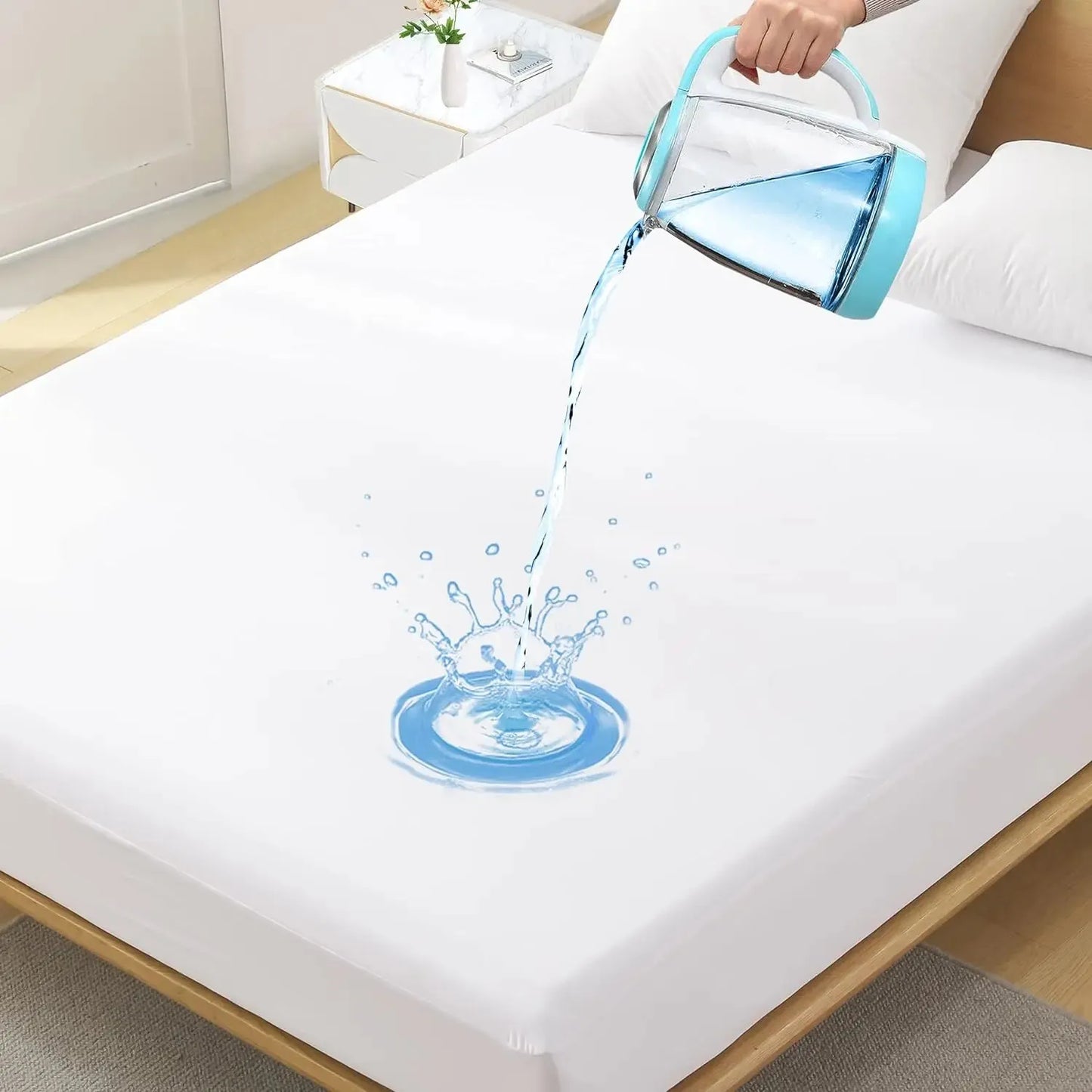 Waterproof Mattress Protector - Fitted with Stretchable Pockets - Machine Washable Cotton Mattress Cover for Bed - White