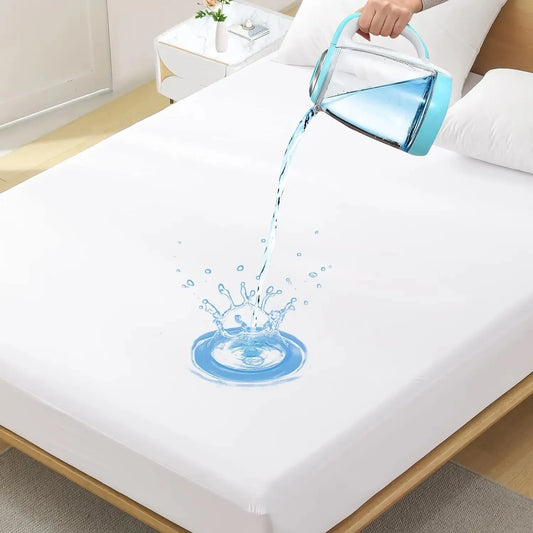 Waterproof Mattress Protector - Fitted with Stretchable Pockets - Machine Washable Cotton Mattress Cover for Bed - White
