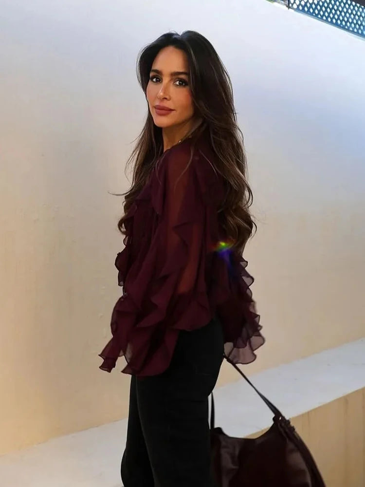 Ruffle Blouses for Women Semi Sheer Shirts and Blouses Woman Summer Casual Blouses Woman Fashion Tops Womens Blouses