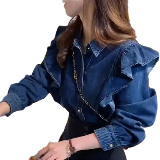 Blusa de moda con volantes para mujer, blusa holgada de manga larga con botones, Tops elegantes y dulces para mujer 2022