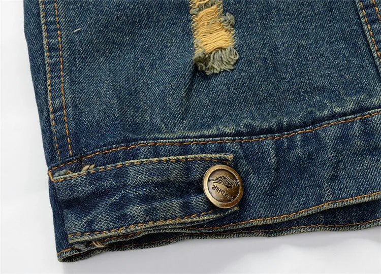 Men Slim Denim Vests Waistcoats Jackets Fashion Male Blue Fit Denim Coats Vests Large Size Punk Style Holes Jeans Vest Size 6XL