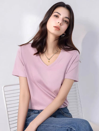 SuyaDream Women Solid T shirts, Silk Cotton Blend, O Neck, Short Sleeved Solid Tee,2026 Summer Candy Colors Basic Cozy Top Green