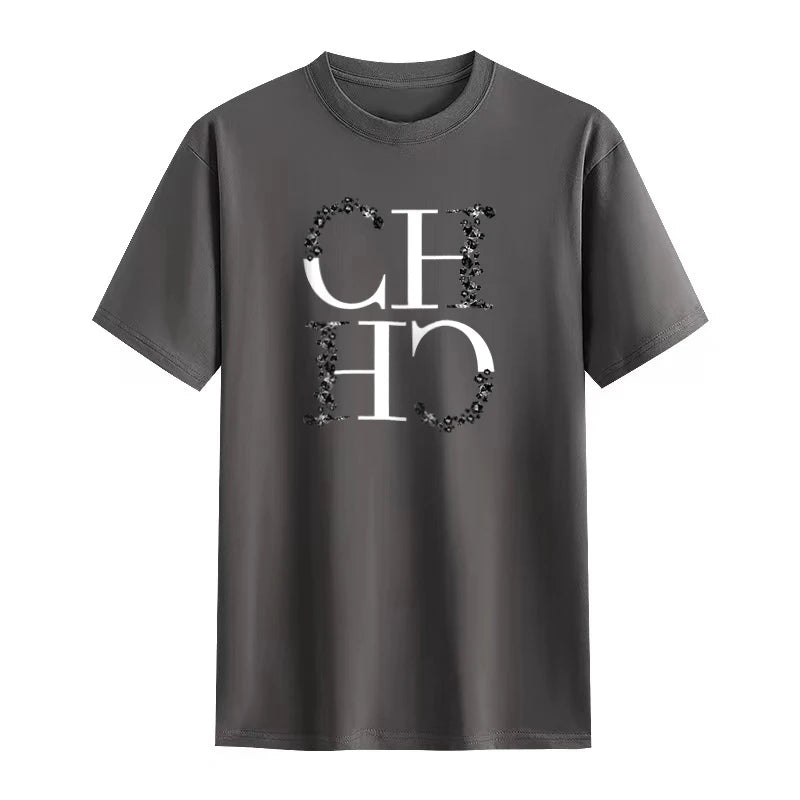 CH Letter Printed Fashionable Black T-shirt Trendy Streetwear Fashionable Men's and Women's Casual Loose Short Sleeved Top
