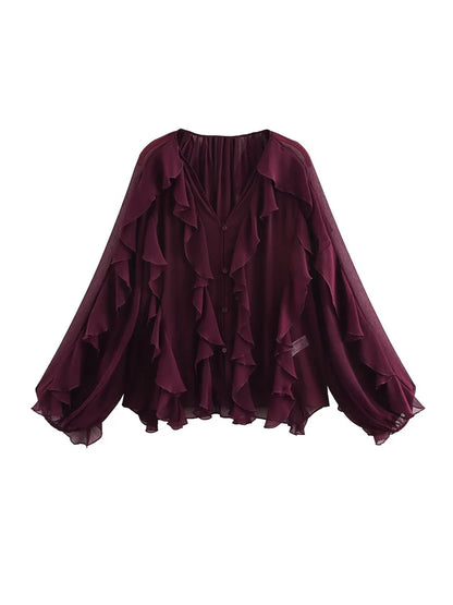 Ruffle Blouses for Women Semi Sheer Shirts and Blouses Woman Summer Casual Blouses Woman Fashion Tops Womens Blouses