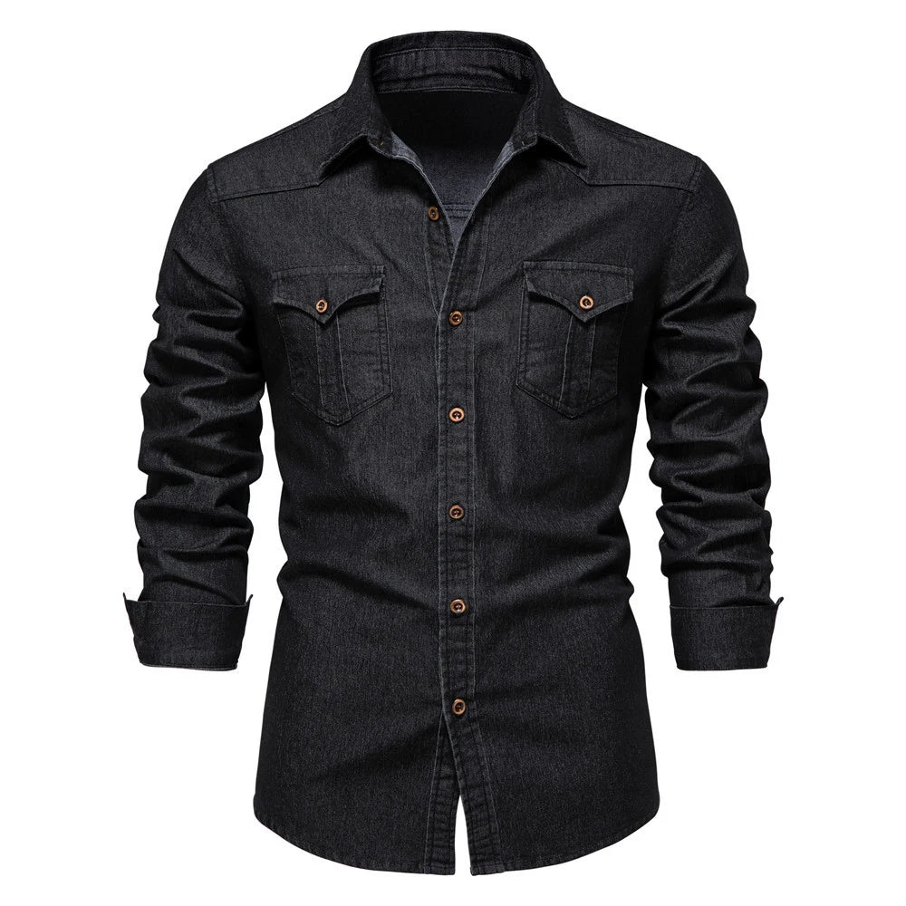 2026 Cotton Denim Shirts Men Casual Long Sleeve Quality Cowboy Shirt Solid Color Slim Fit Elastic Navy Blue Black Clothes
