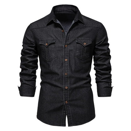 2026 Cotton Denim Shirts Men Casual Long Sleeve Quality Cowboy Shirt Solid Color Slim Fit Elastic Navy Blue Black Clothes