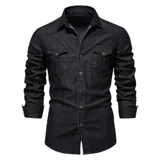2026 Cotton Denim Shirts Men Casual Long Sleeve Quality Cowboy Shirt Solid Color Slim Fit Elastic Navy Blue Black Clothes