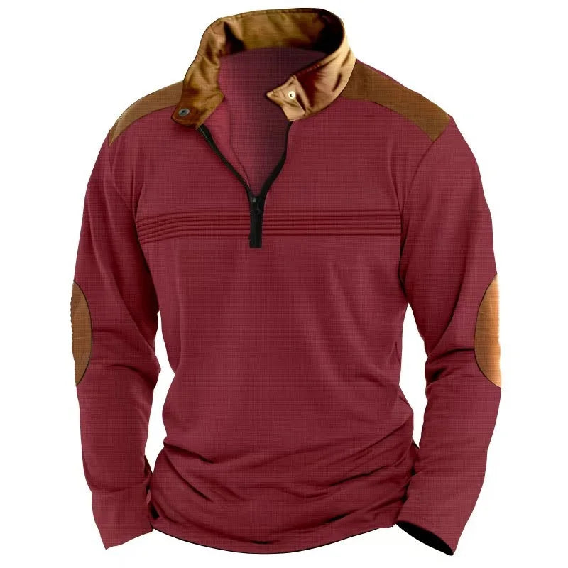 Men's contrasting half-zip stand-up collar long-sleeved top with European and American retro elbow patch design casual pullover