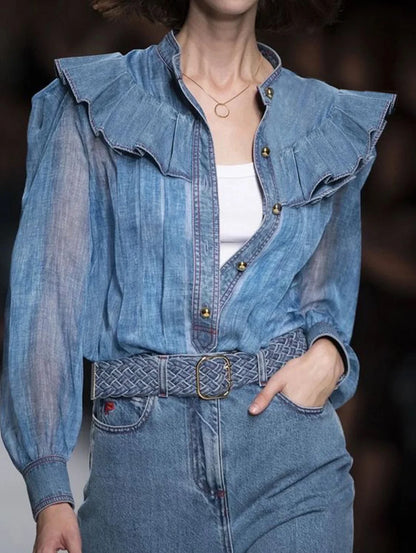 Fashion Pleated Ruffles Shirt Women See Through Long Sleeves Patchwork Design Single-breasted Tops Spring New Clothing