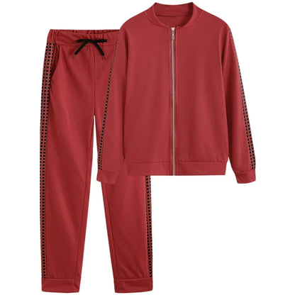 Athleisure Zipper Jacket Women's Suit Spring Fashion Patchwork Plaid Slim Fit Timid Feet Trousers Female 2 Piece Set 2025