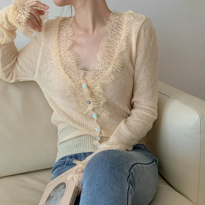 Seoulish Vintage Lace Knitted Cardigans for Women 2026 New Autumn Winter Solid Casual Slim Korean Style Ladies Tops Female