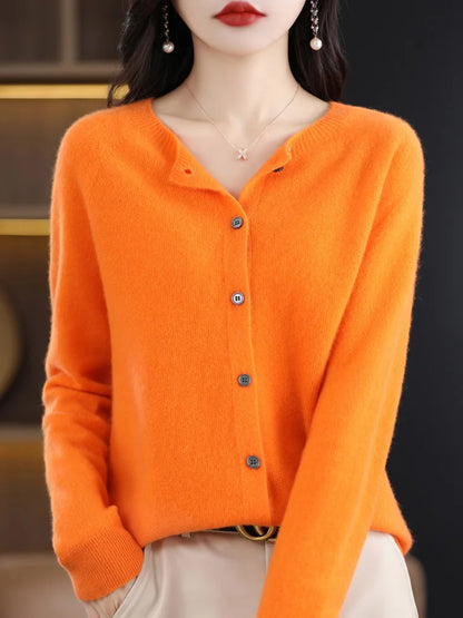 2026 New Chic Women's Basic O-neck Cardigan 100% Merino Wool Sweater Soft Grace Knitwear CoatSpring Autumn Female Clothes Tops