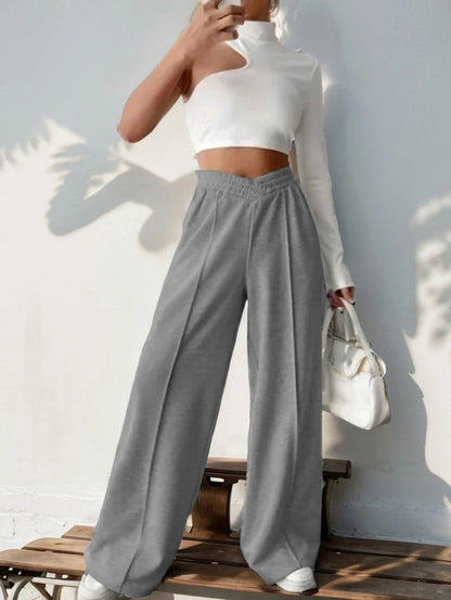 Athleisure Women's Pants Grey Loose Wide Leg Pants V-shaped High Waist Spliced Wide Leg Pants Women's Casual Loose Trouser