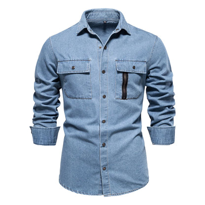 AIOPESON Mens 100% Cotton Denim Shirts Autumn Thick Cowboy High Quality Male Shirt Solid Color Button Casual Jeans Shirt