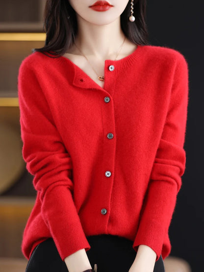2026 New Chic Women's Basic O-neck Cardigan 100% Merino Wool Sweater Soft Grace Knitwear CoatSpring Autumn Female Clothes Tops