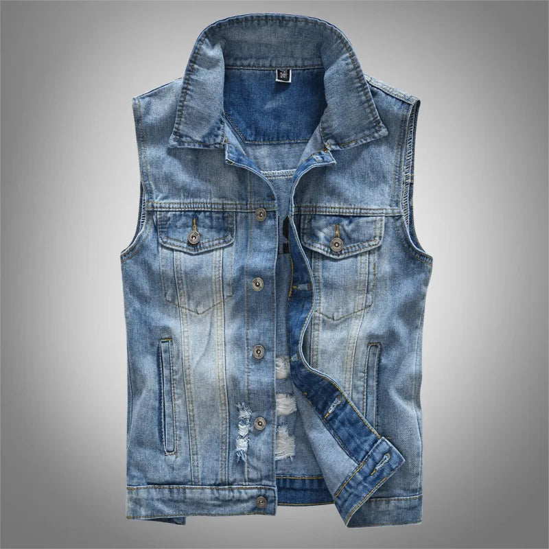 Men Ripped Denim Waistcoats Vests Jackets Light Blue Holes Denim Coats Vests New Fashion Male Cotton Slim Jeans Waistcoats 5XL