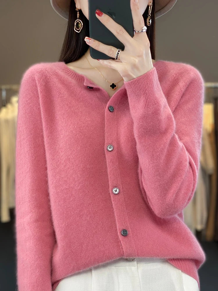 2026 New Chic Women's Basic O-neck Cardigan 100% Merino Wool Sweater Soft Grace Knitwear CoatSpring Autumn Female Clothes Tops