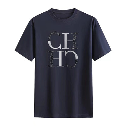 CH Letter Printed Fashionable Black T-shirt Trendy Streetwear Fashionable Men's and Women's Casual Loose Short Sleeved Top