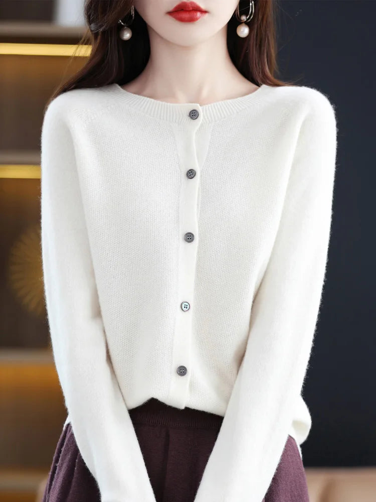 2026 New Chic Women's Basic O-neck Cardigan 100% Merino Wool Sweater Soft Grace Knitwear CoatSpring Autumn Female Clothes Tops