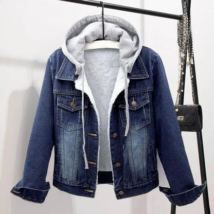 Chaqueta de invierno con capucha para mujer, gorro desmontable liso de manga larga, grueso, mantiene el calor, abrigo de invierno vaquero de felpa de talla grande con una sola botonadura