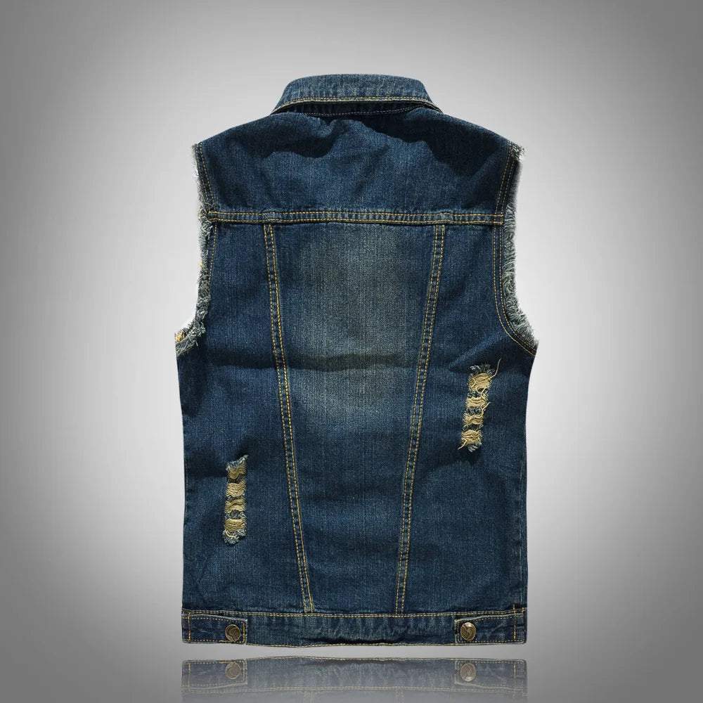 Men Slim Denim Vests Waistcoats Jackets Fashion Male Blue Fit Denim Coats Vests Large Size Punk Style Holes Jeans Vest Size 6XL