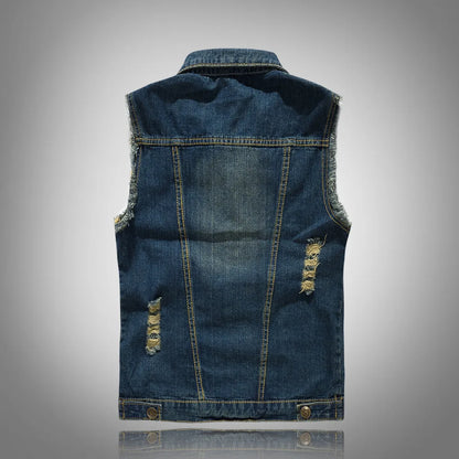 Men Slim Denim Vests Waistcoats Jackets Fashion Male Blue Fit Denim Coats Vests Large Size Punk Style Holes Jeans Vest Size 6XL