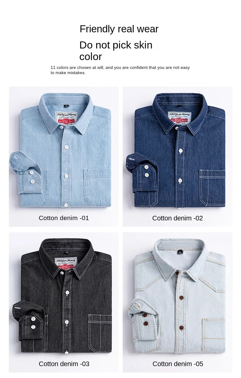 2025 Denim Long-Sleeve Double or Single  Pocket Design Shirt Classic 100% Cotton Fashion Embroider Comfortable Clothes