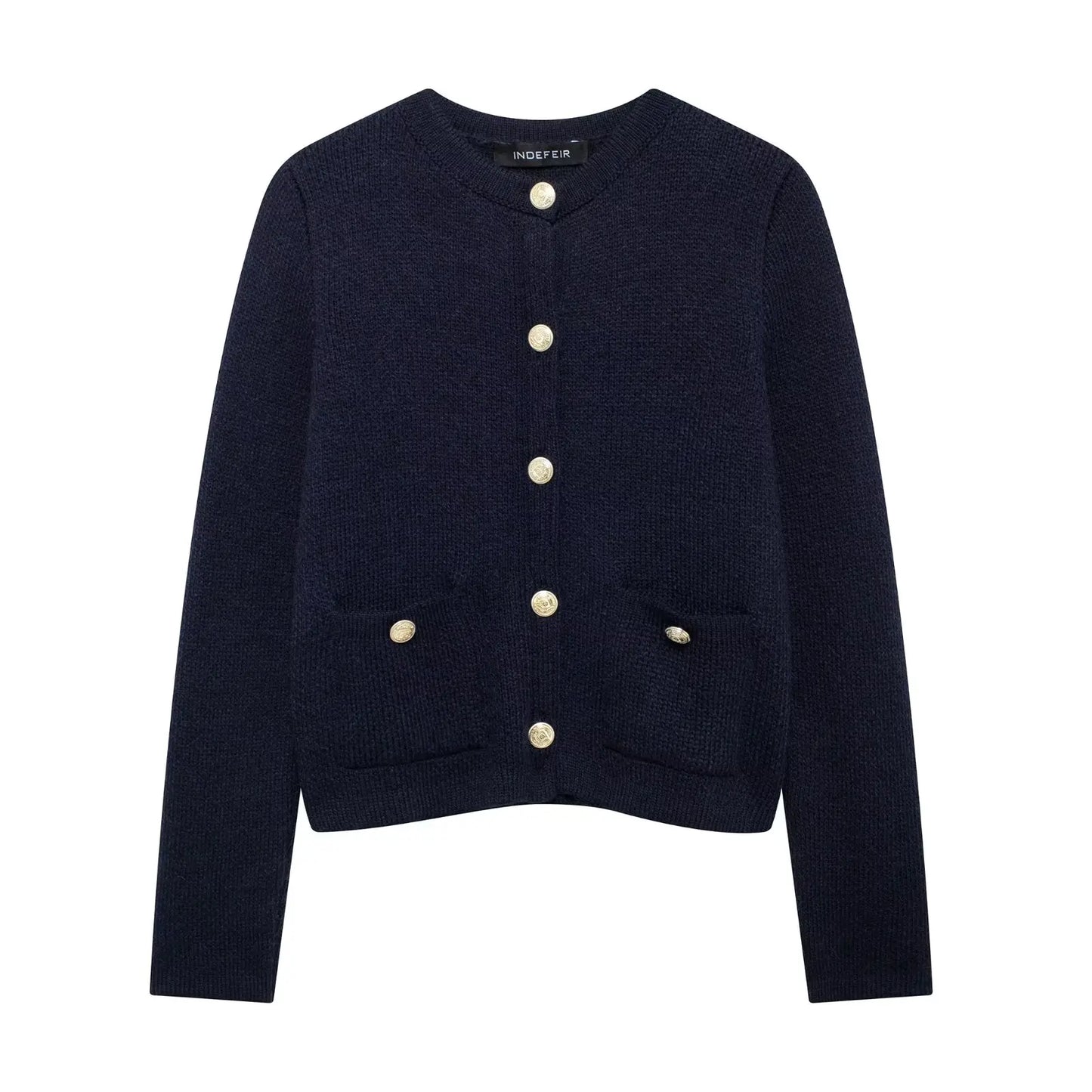 Women's Winter Slim Short Knitted Cardigan Jacket Retro Round Neck Gold Breasted Decoration Elegant Women's Casual Jacket