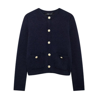 Women's Winter Slim Short Knitted Cardigan Jacket Retro Round Neck Gold Breasted Decoration Elegant Women's Casual Jacket