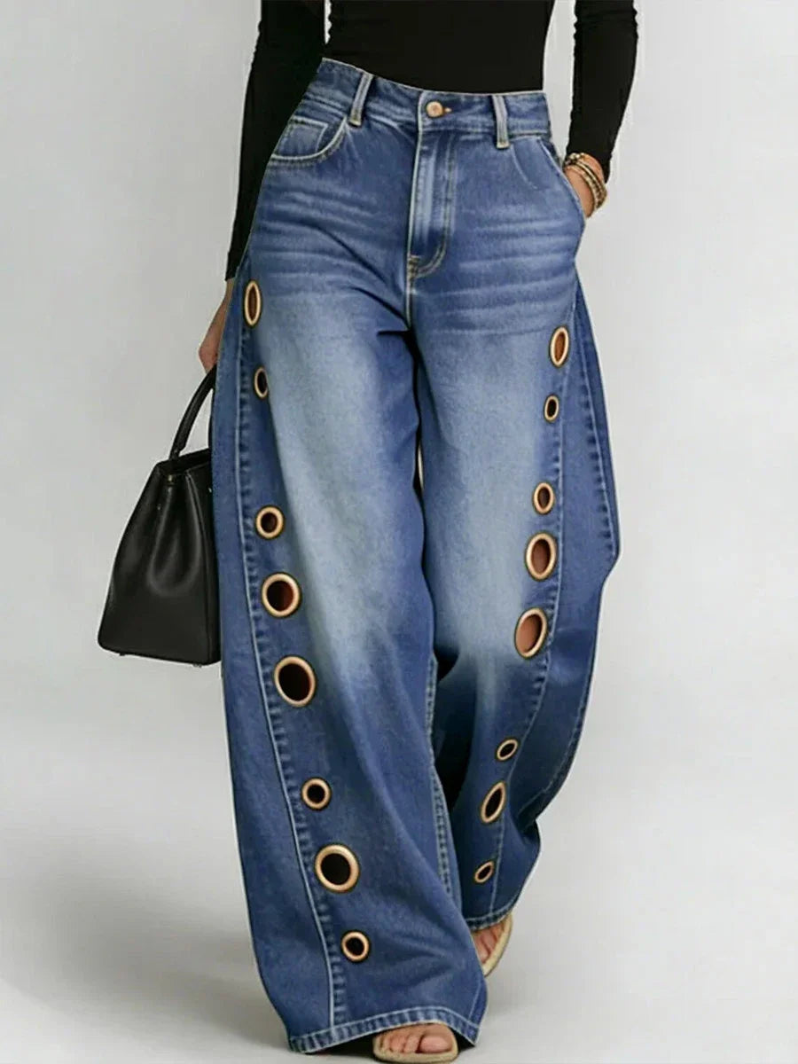 Missuoo Women's 2026 New Washed Blue High-Waist Metal Grommet Wide Leg Jeans, Casual Loose Fit Streetwear Pants for Daily Wear