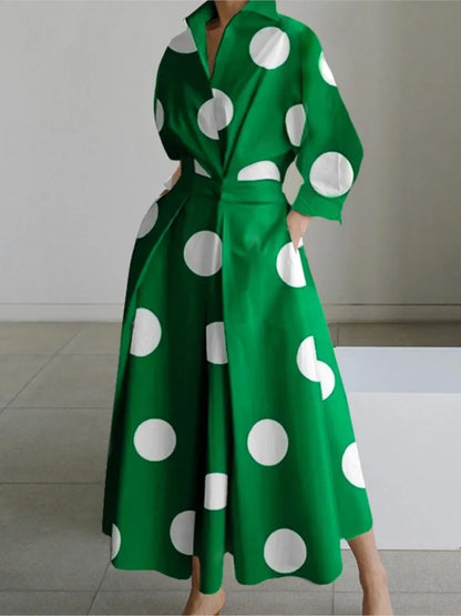 Autumn Dress Long Sleeve Dot Print Elegant Maxi Dresses For Women 2025 White Casual V Neck Shirt Party Long Dress Robe Femme