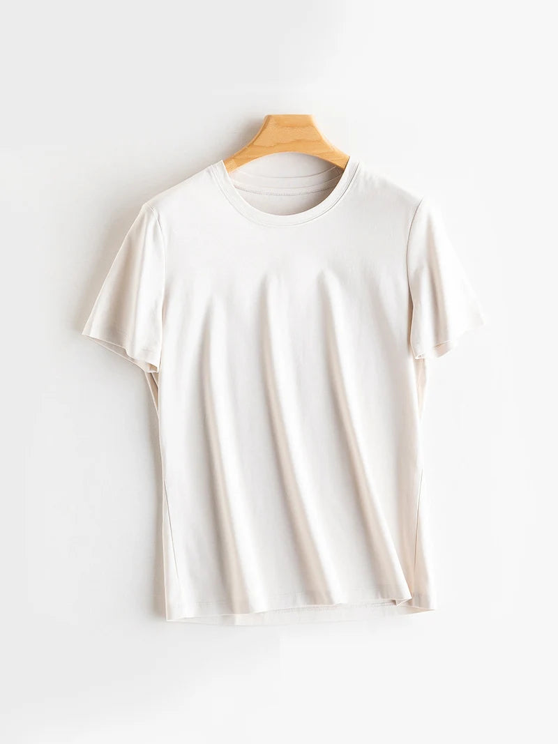 SuyaDream Women Solid T shirts, Silk Cotton Blend, O Neck, Short Sleeved Solid Tee,2026 Summer Candy Colors Basic Cozy Top Green